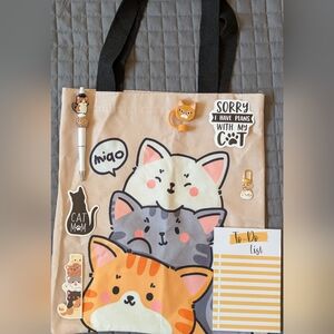 Cute Cat Tote Bag with Black Handles